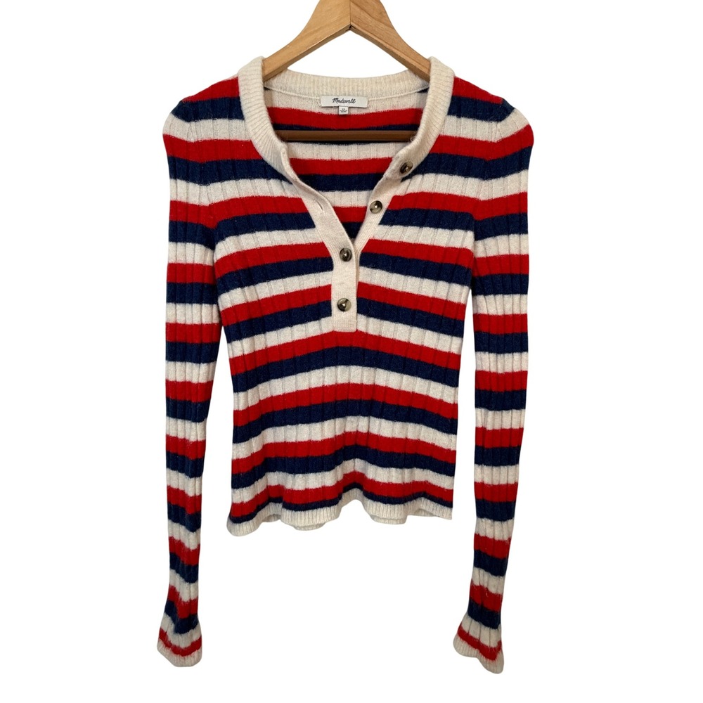 Madewell Henley Sweater Womens XS Red White Blue Striped Ribbed Merino Alpaca